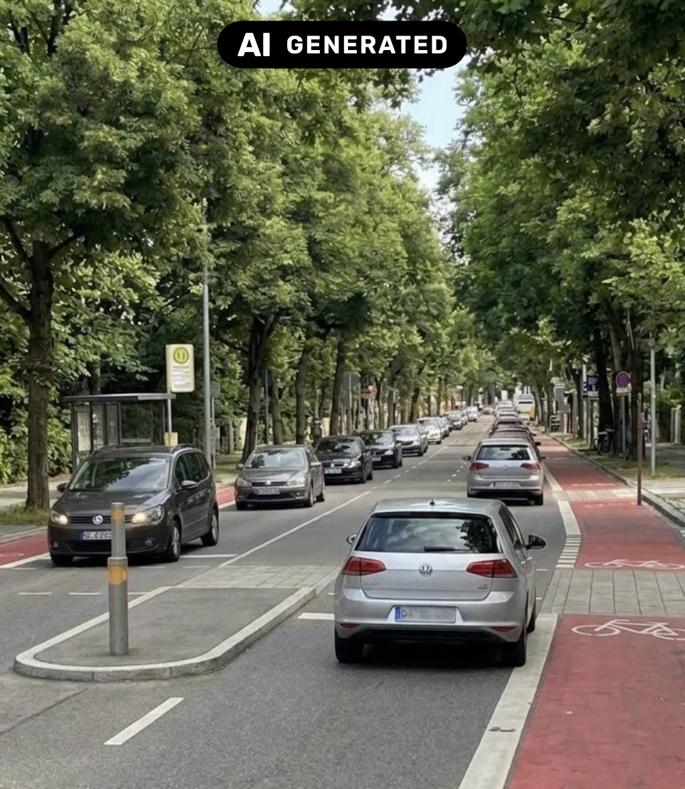 KI-generierte Visualisierung einer baumbestandenen Straße mit Fahrbahnen, roten Radwegen und Mittelinseln