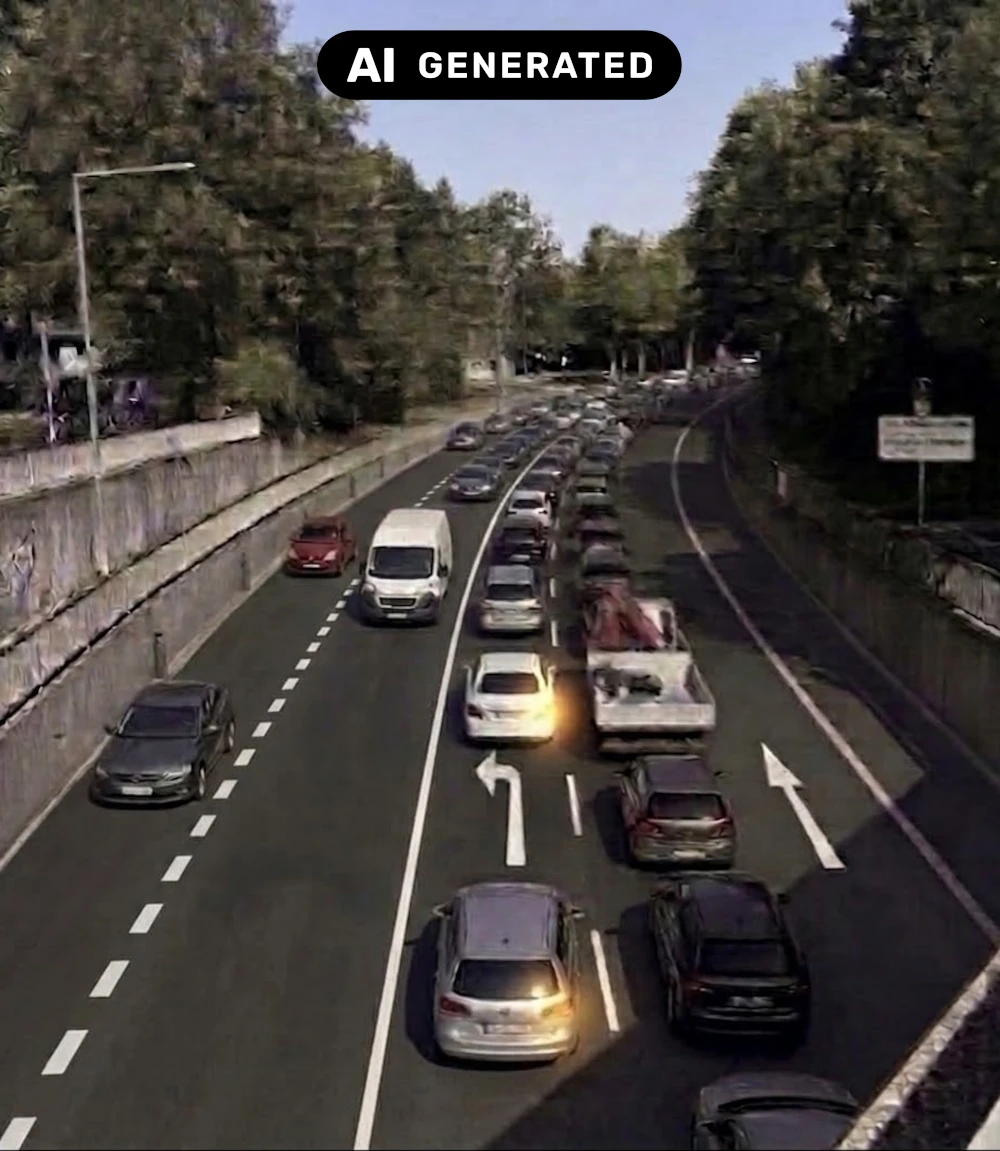 KI-generierte Visualisierung eines Straßenverlaufs mit Fahrbahnen, roten Radwegen und Mittelinseln